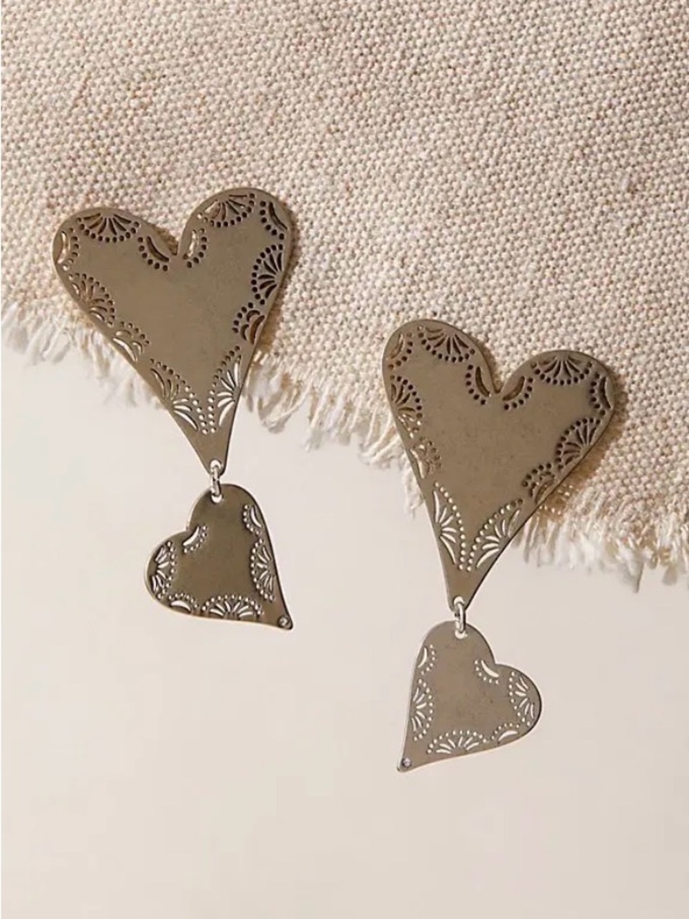 Free People Paint the Sky Dangle Silver Double Heart Drop Earrings